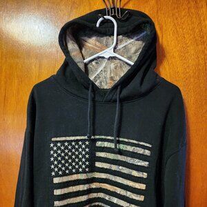 Men's XL Buck Wear Black With Camo American Flag Pullover Hoodie